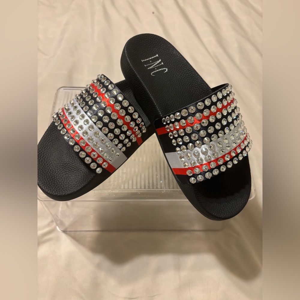 INC International Concept Sandal. Black,Red,Silver with Rhinestone Accents.